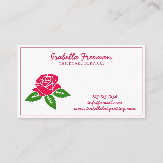 Babysitter Modern Floral Rose Girly Babysitting Business Card (Front)