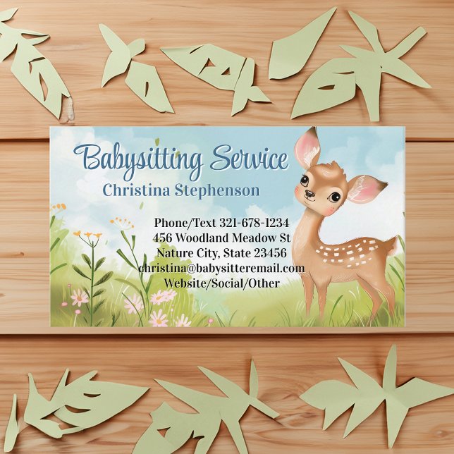 Babysitter Nanny Childcare Watercolor Baby Deer Business Card (baby deer babysitting childcare business card)