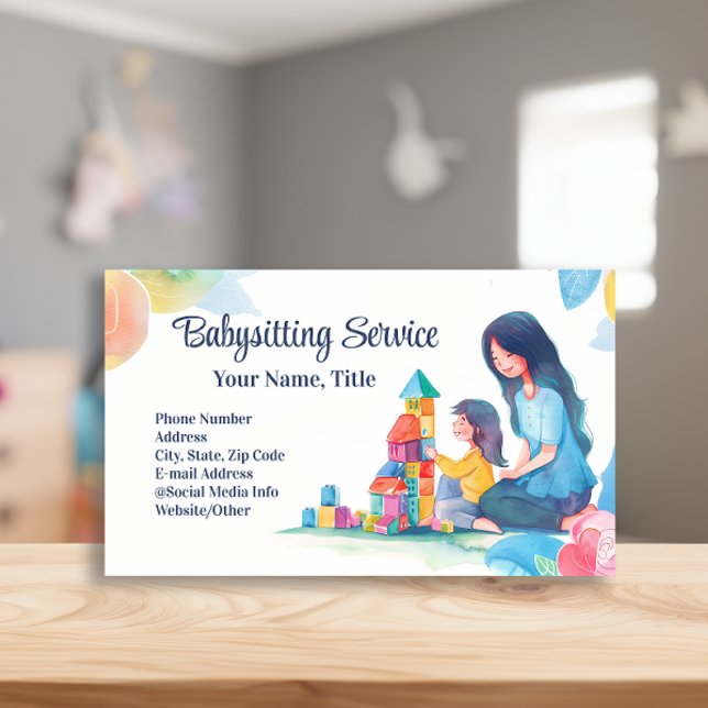 Babysitter Nanny Childcare Watercolor Blocks Business Card (babysitting service babysitter business cards)