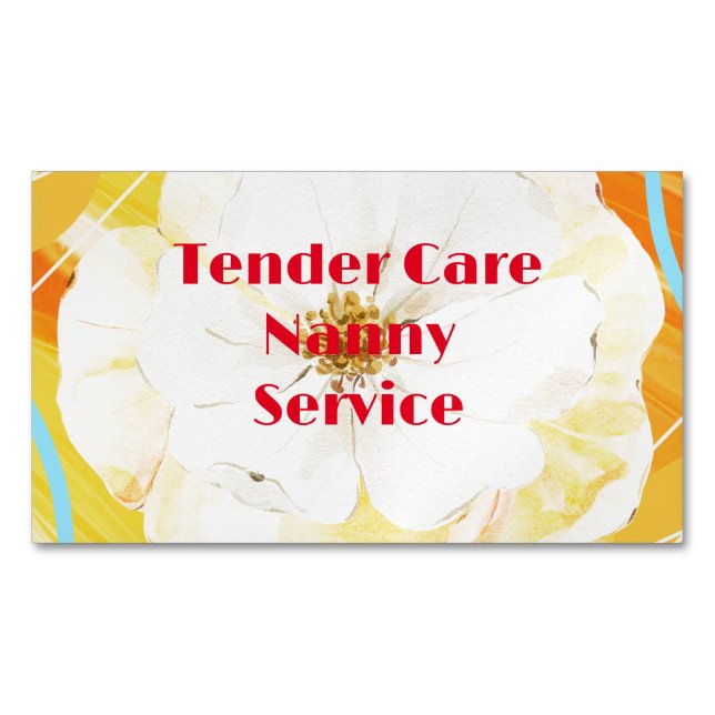Babysitter Nanny Modern Yellow & White Rose Magnetic Business Card (Front)