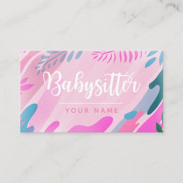 Babysitter Pretty Calligraphy Modern Greenery Leaf Business Card (Front)