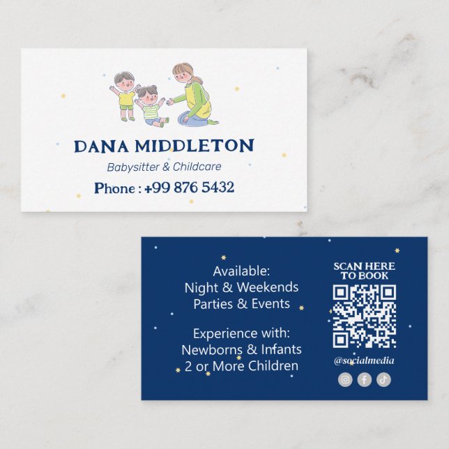 Babysitter Professional Business | Navy White Business Card (Front/Back)