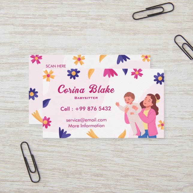Babysitter Services | Pink Childcare Business Card (Front/Back In Situ)