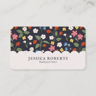 Babysitter strawberry pattern navy Business Card