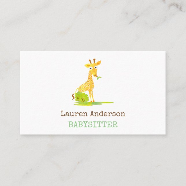 Babysitter Watercolor Giraffe Childcare Provider Business Card (Front)
