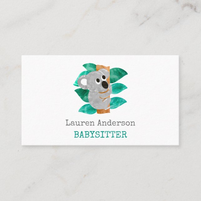 Babysitter Watercolor Koala Childcare Provider Business Card (Front)