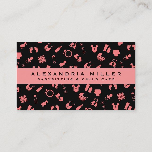 Babysitting Child Care Pattern | Black & Pink Business Card (Front)