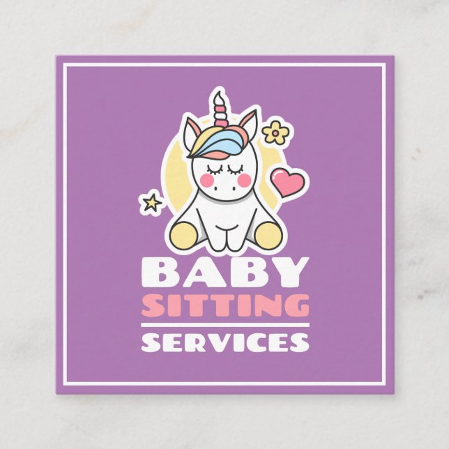 Babysitting Services Cute Unicorn Professional Kid Square Business Card (Front)