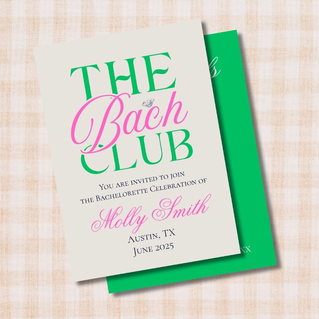 Bach Club Modern Simple Pink Green Bachelorette Invitation (The Bach Club invite with modern serif font – perfect for engagement or bridal celebrations!)