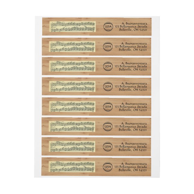 Bach Music Manuscript Wood Look International Wraparound Address Label (Sheet)