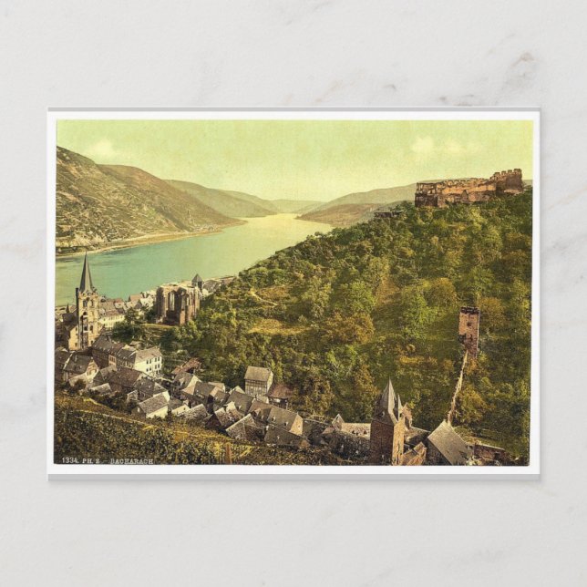 Bacharach and ruins of Stahleck, the Rhine, German Postcard (Front)