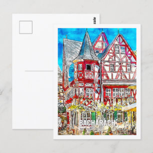 Bacharach Germany Famous Travel Watercolor Sketch Postcard