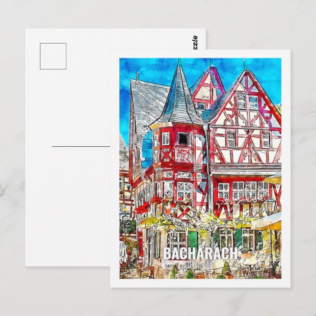 Bacharach Germany Famous Travel Watercolor Sketch Postcard (Front/Back)