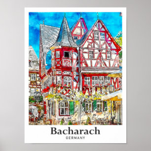 Bacharach Germany Travel Watercolor Hand Drawn Poster