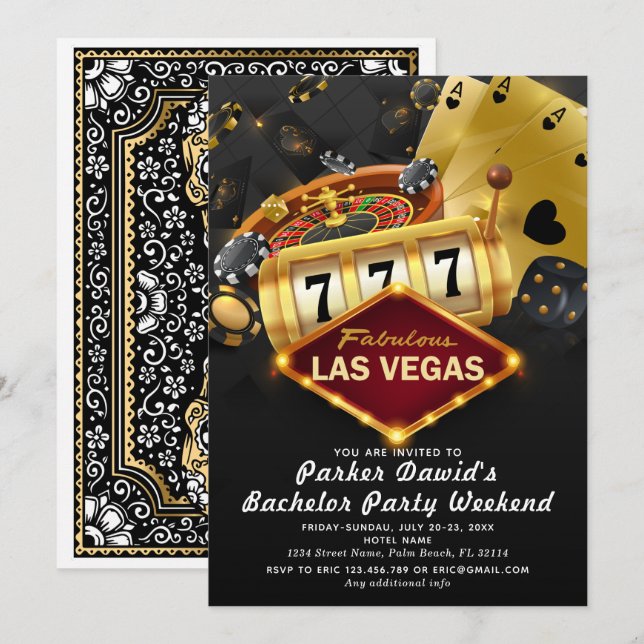 Bachelor Casino Party Black Gold Invitation (Front/Back)