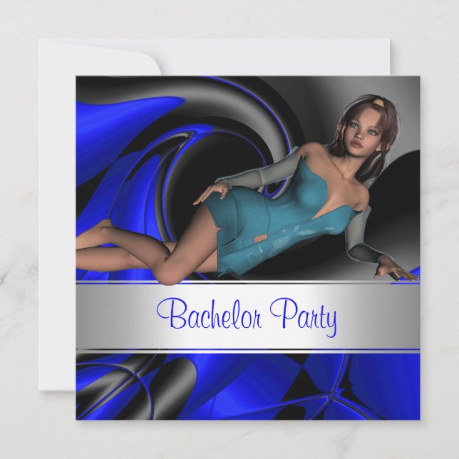 Bachelor Party  Abstract Blue Curve Pin up Girl 3 Invitation (Front)