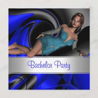 Bachelor Party Abstract Blue Curve Pin up Girl 3 Invitation