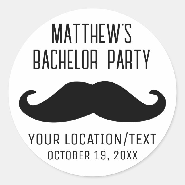 Bachelor Party Black Moustache Wedding Classic Round Sticker (Front)