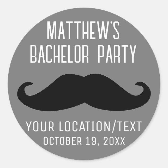 Bachelor Party Black Moustache Wedding Classic Round Sticker (Front)