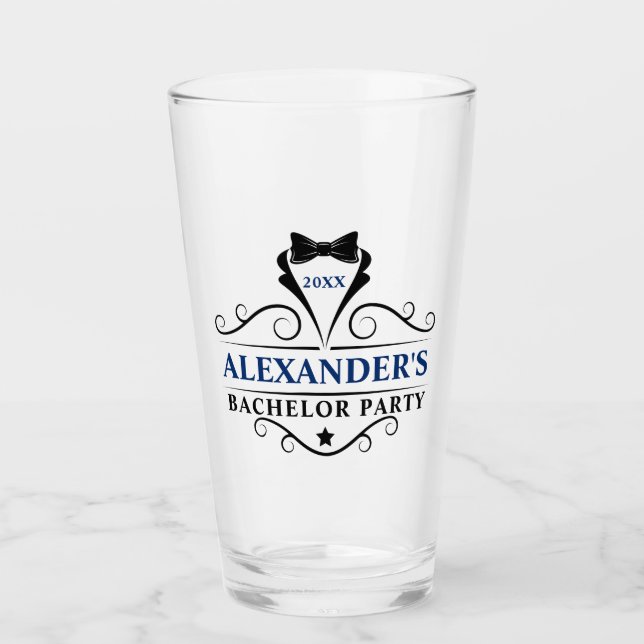 Bachelor Party Black Tie Blue or Pick Text Colour Glass (Front)
