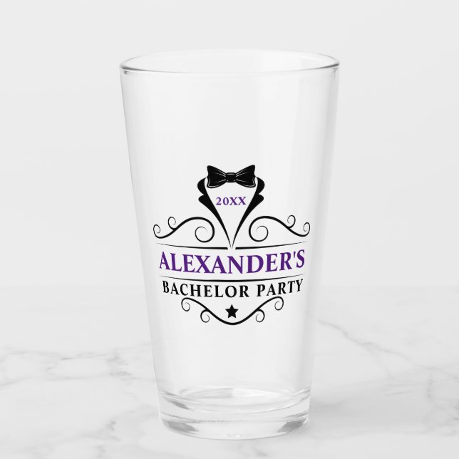 Bachelor Party Black Tie Purple or Pick Text Colou Glass (Front)