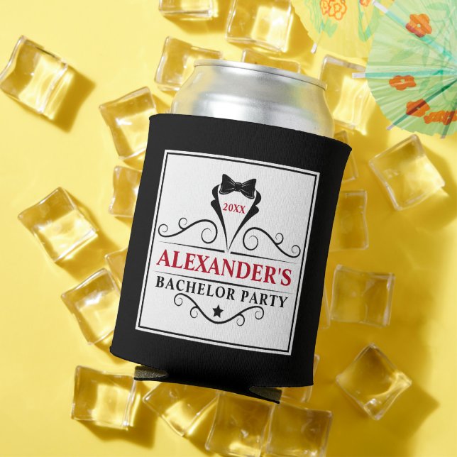 Bachelor Party Black Tie Red or Pick Text Colour Can Cooler (In Situ Summer)