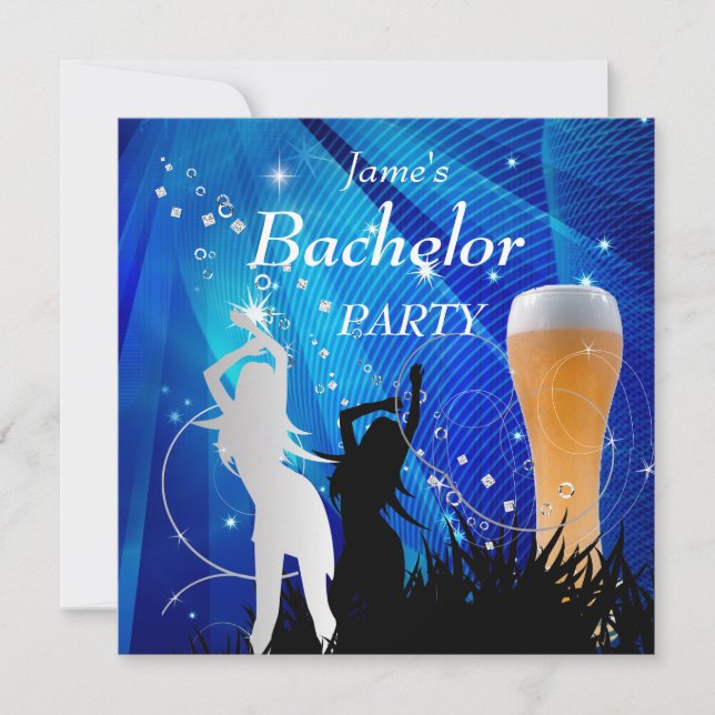 Bachelor Party Blue Gold White Beer Glass Girls Invitation (Front)