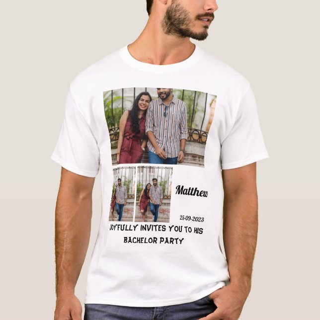 Bachelor Party custom 3 Photo Collage  T-Shirt (Front)