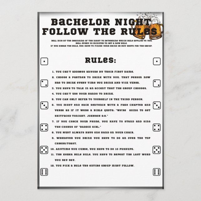 Bachelor Party Game, Follow the Rules, Invitation (Front)