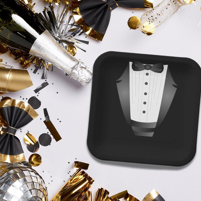 Bachelor Party Groomsman Team Groom black tuxedo Paper Plate (Bachelor Party Groomsman Team Groom black tuxedo Paper Plates)