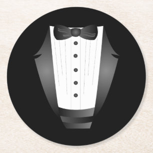 Bachelor Party Groomsman Team Groom black tuxedo Round Paper Coaster
