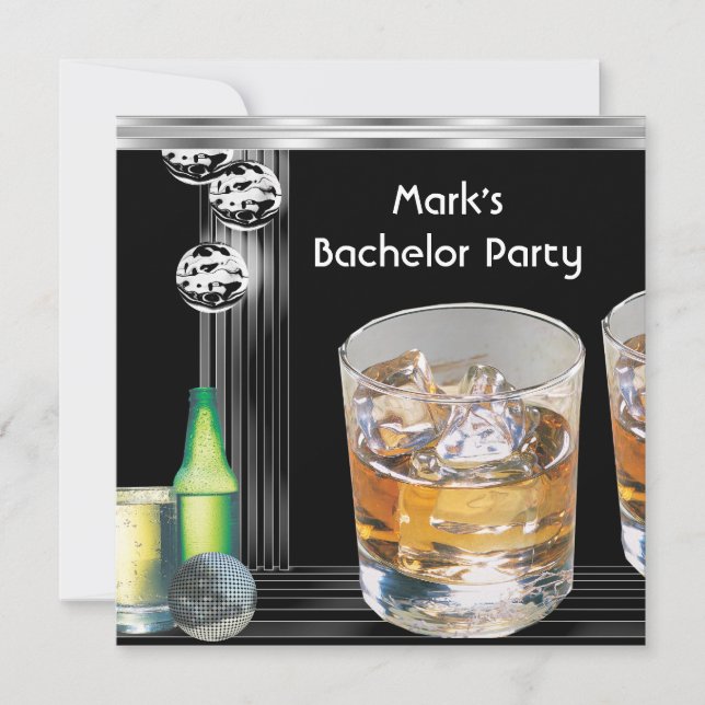 Bachelor Party Mens Drinks Black Silver Invitation (Front)