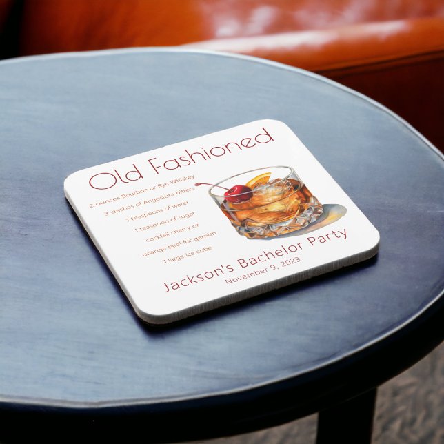 Bachelor Party Old Fashioned Drink Recipe Square Paper Coaster (Creator Uploaded)