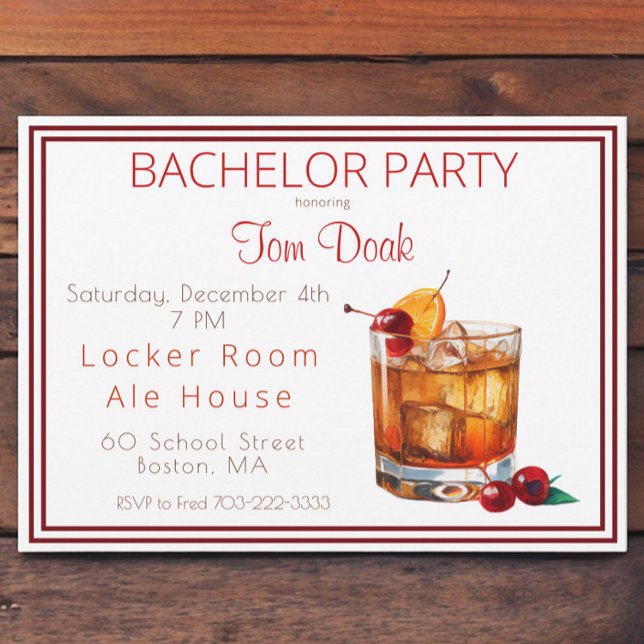 Bachelor Party Old Fashioned Drink White Border Invitation (Creator Uploaded)