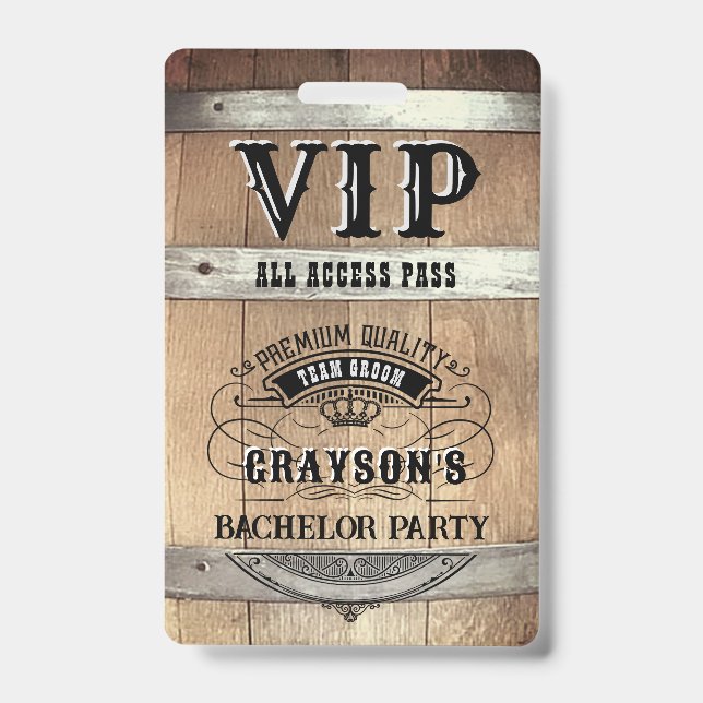 Bachelor Party Rustic VIP Pass ID Badge (Front)