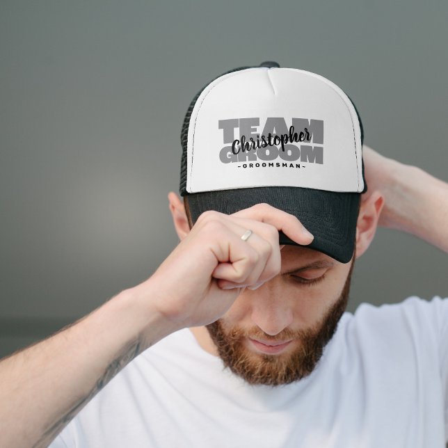 Bachelor Party Team Groom Groomsman's Name Grey Trucker Hat (Creator Uploaded)