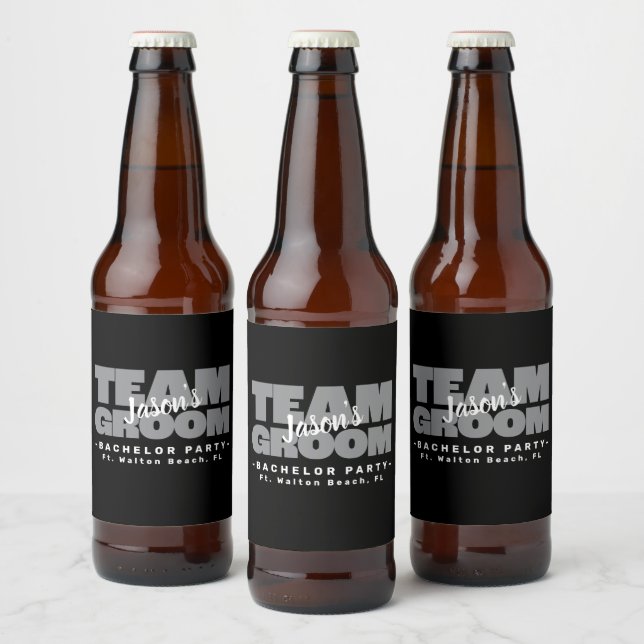 Bachelor Party Team Groom Wedding Black Cool Party Beer Bottle Label (Bottles)