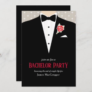Bachelor party tuxedo red rose invitation