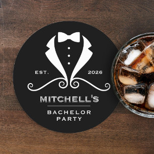 Bachelor Party Tuxedo Suit Bowtie Black Wedding Round Paper Coaster