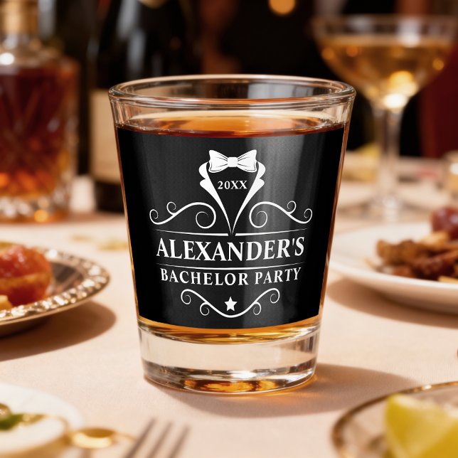 Bachelor Party Tuxedo Tie Black  Shot Glass (Customize to change text size, text style or background color.)