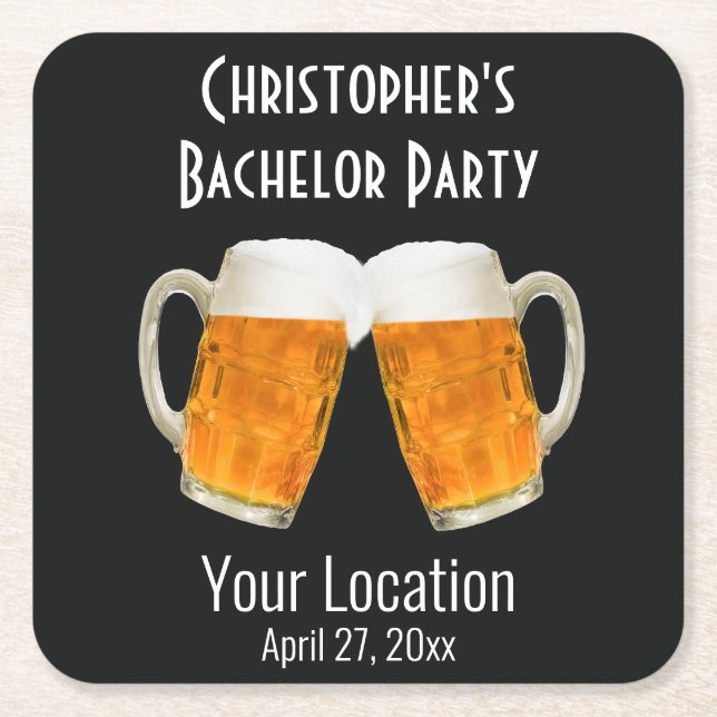 Bachelor Party Wedding Beer Cheers Black Square Paper Coaster (Front)