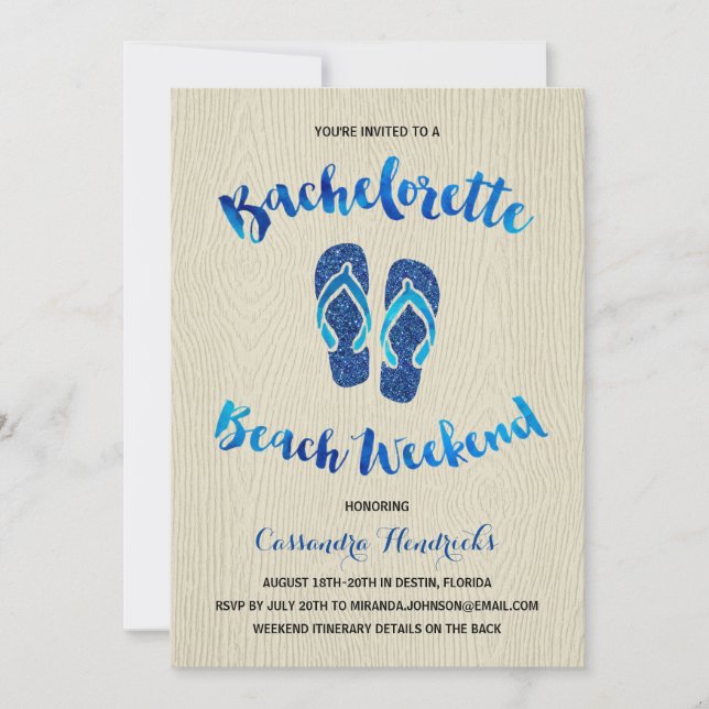 Bachelorette Beach Weekend with Blue Faux Glitter Invitation (Front)