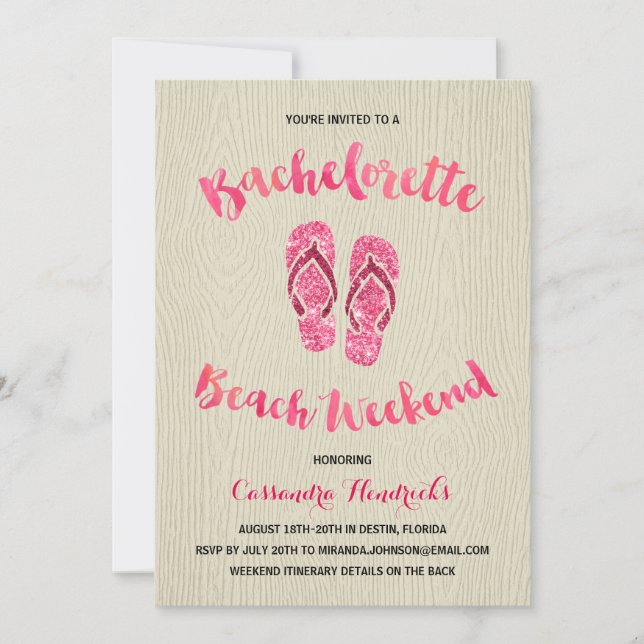 Bachelorette Beach Weekend with Pink Faux Glitter Invitation (Front)