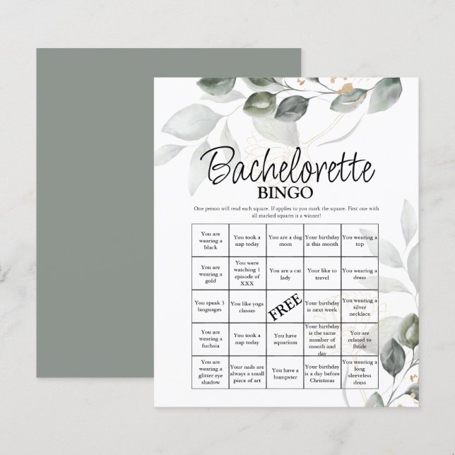 Bachelorette Bingo greenery Bridal Game (Front/Back)