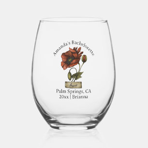 Bachelorette Birth Month Flower August Poppy Stemless Wine Glass