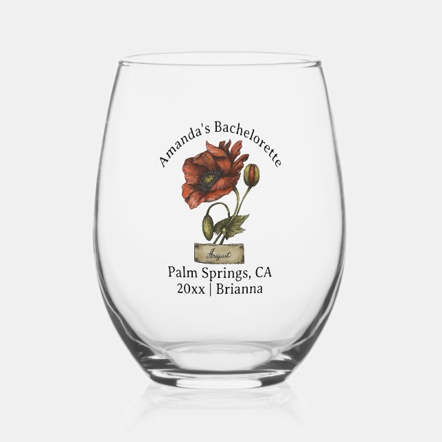 Bachelorette Birth Month Flower August Poppy Stemless Wine Glass (Back)