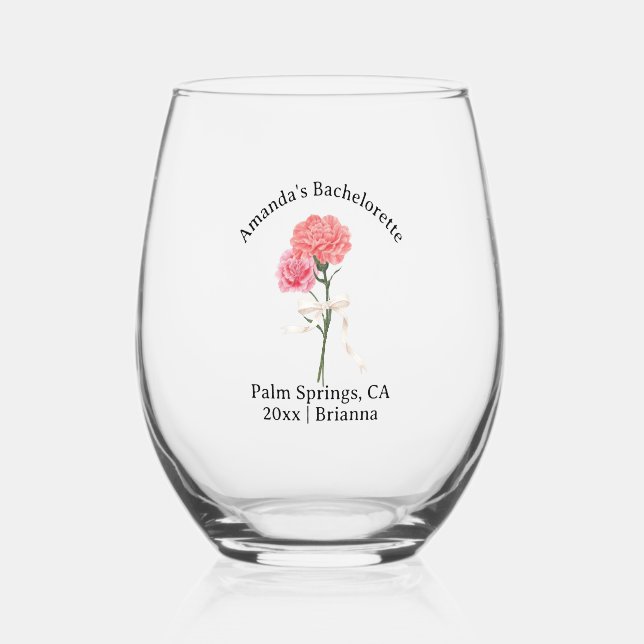 Bachelorette Birth Month Flower January Carnation Stemless Wine Glass (Back)