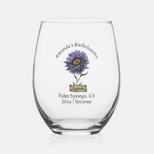 Bachelorette Birth Month Flower September Aster Stemless Wine Glass