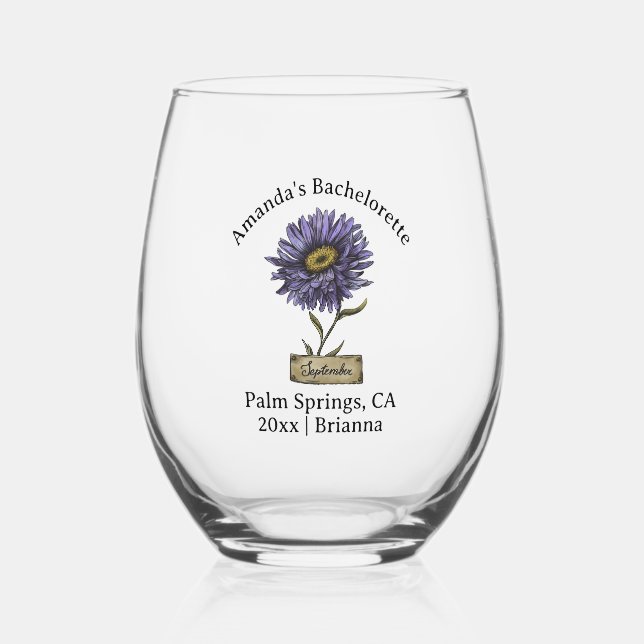 Bachelorette Birth Month Flower September Aster Stemless Wine Glass (Back)