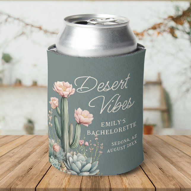 Bachelorette Blooming Cactus Succulent Desert Vibe Can Cooler ( A desert-themed can cooler with cacti, succulents, and Desert Vibes text on a muted green backgroun)